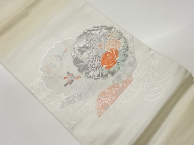 プラチナ箔雪輪に花鳥模様織出し名古屋帯